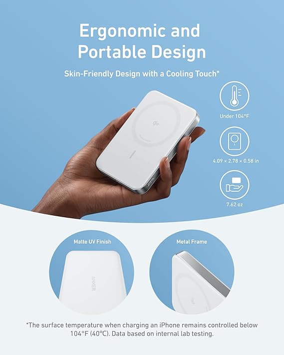 Anker MagGo Powerbank, Ultra Slim Magnetic Battery, 10,000 mAh, Qi2 Certified, Portable 15 W, Ultra-Fast MagSafe Compatible Charger, Ergonomic Design, Only for iPhone 16/15/14/13 - Image 5